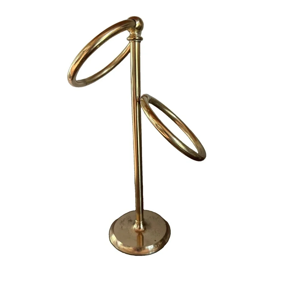 VTG Brass Double Towel Ring Stand Freestanding Vanity Bath  Aged Patina 12